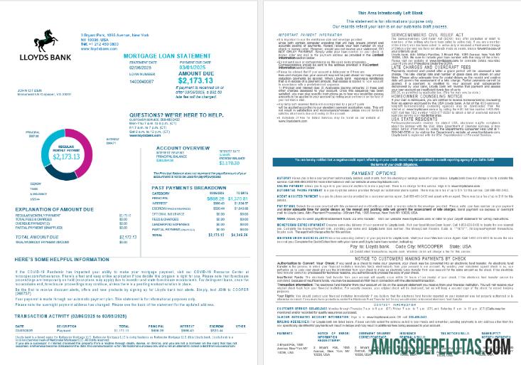 Extrato de empréstimo hipotecário do Lloyds Bank dos EUA em formatos Word e PDF, 4 páginas 1 2 baixar para verificação